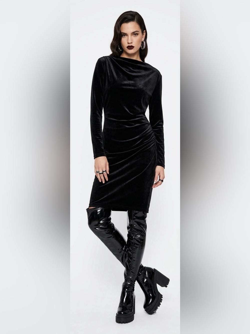 🖤 Elegant Black Velvet Cowl Neck Midi Dress | Edgy & Vampy
